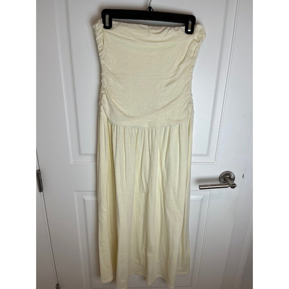 FP Beach Free People Smocked Off White Midi Dress Ruched Sleeveless Beach SZ L